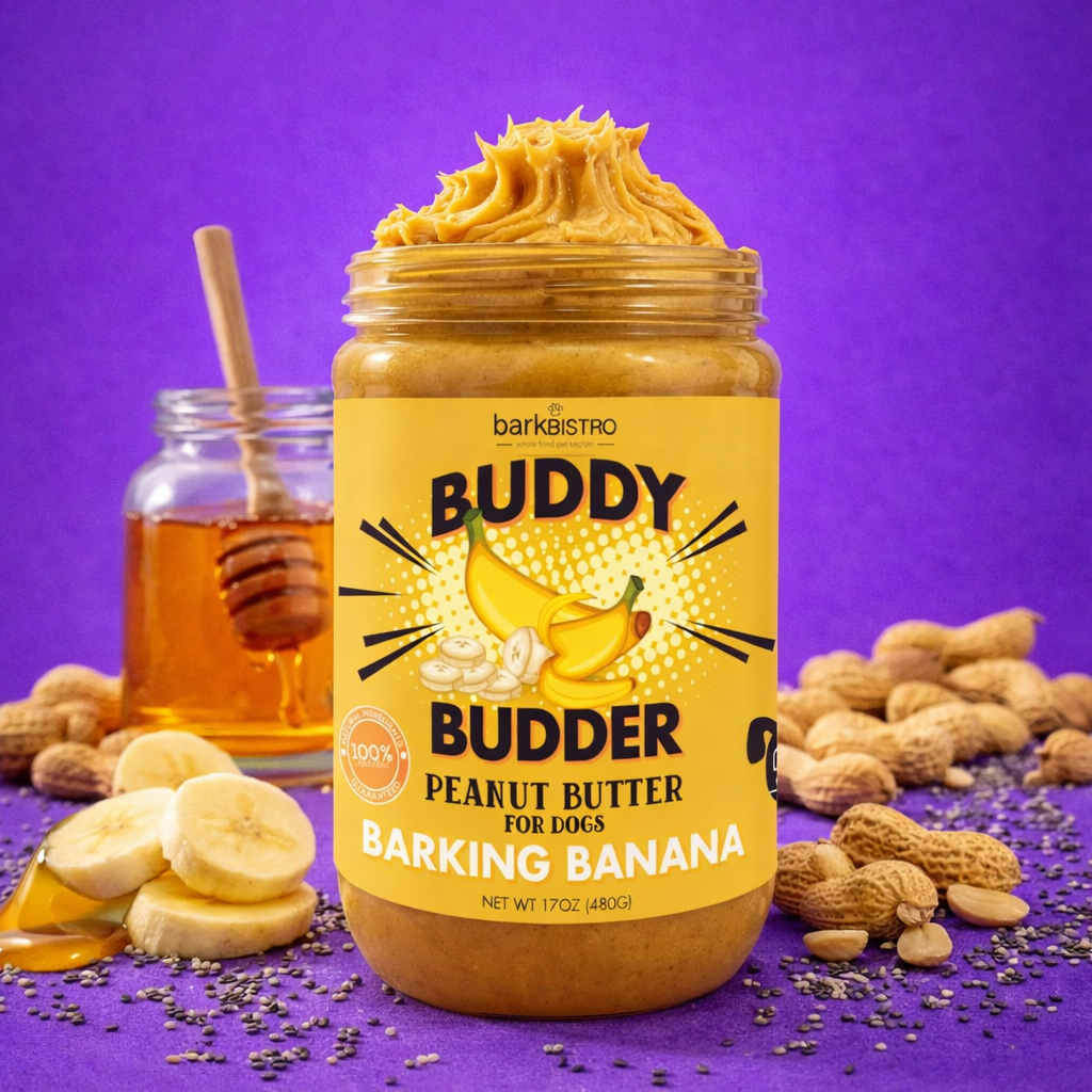 Barkin Banana Buddy Budder – Natural Peanut Butter for Dogs with Banana, Chia & Honey