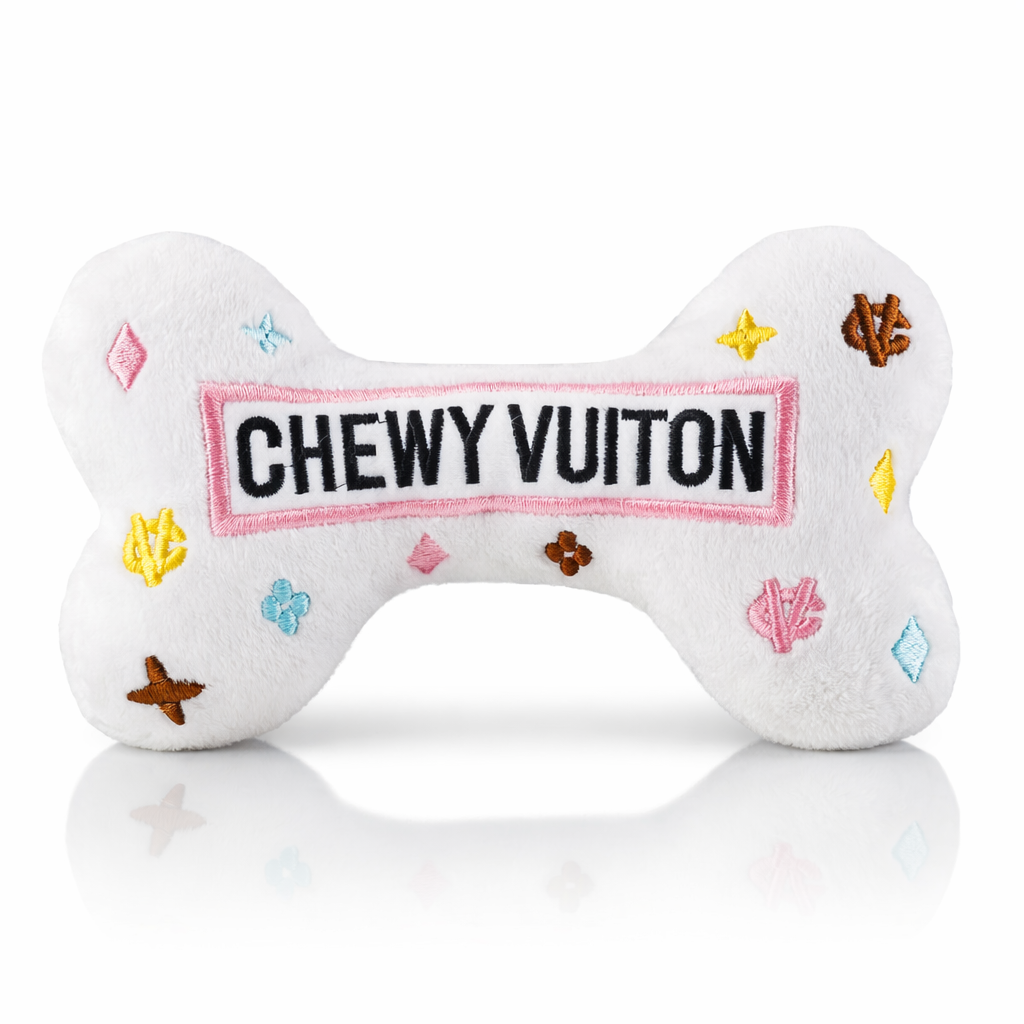 White Chewy Vuiton Bone Dog Toy – Luxury Designer Plush Toy with Squeaker