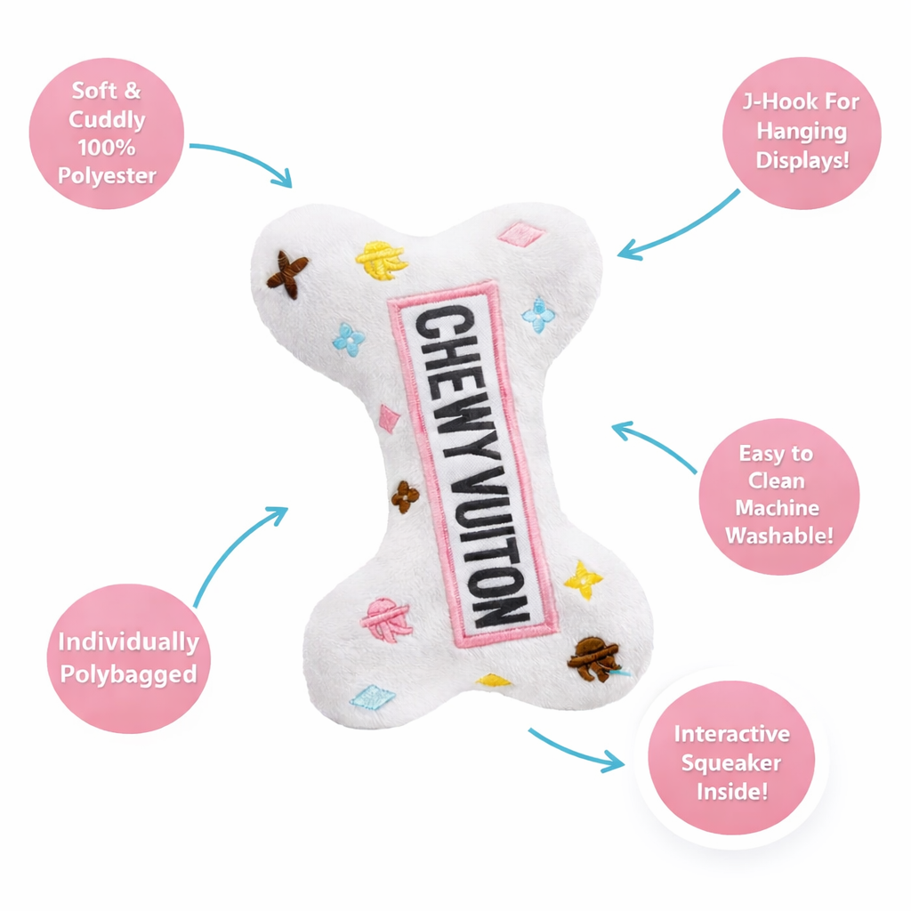 White Chewy Vuiton Bone Dog Toy – Luxury Designer Plush Toy with Squeaker