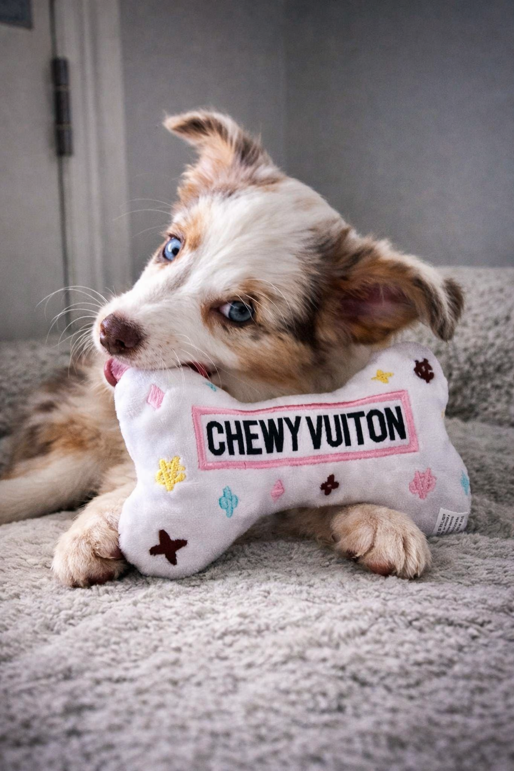 White Chewy Vuiton Bone Dog Toy – Luxury Designer Plush Toy with Squeaker