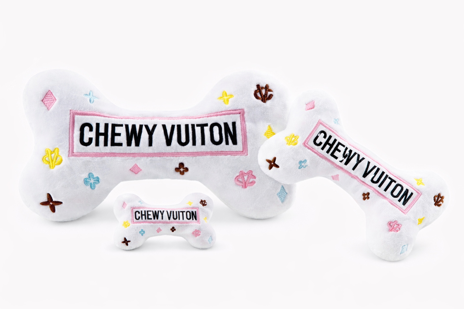 White Chewy Vuiton Bone Dog Toy – Luxury Designer Plush Toy with Squeaker