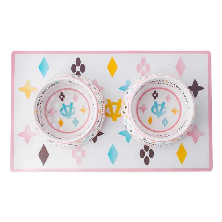 White Chewy Vuiton Bowl Set & Placemat Bundle – Luxury Designer Dog Bowls & Feeding Mat