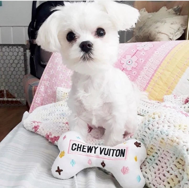 White Chewy Vuiton Bone Dog Toy – Luxury Designer Plush Toy with Squeaker