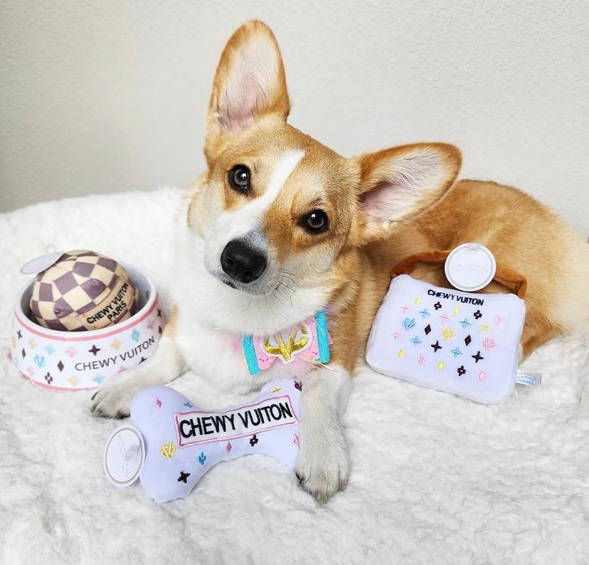 White Chewy Vuiton Bone Dog Toy – Luxury Designer Plush Toy with Squeaker