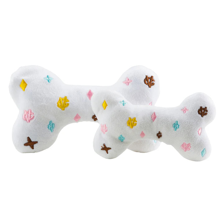White Chewy Vuiton Bone Dog Toy – Luxury Designer Plush Toy with Squeaker