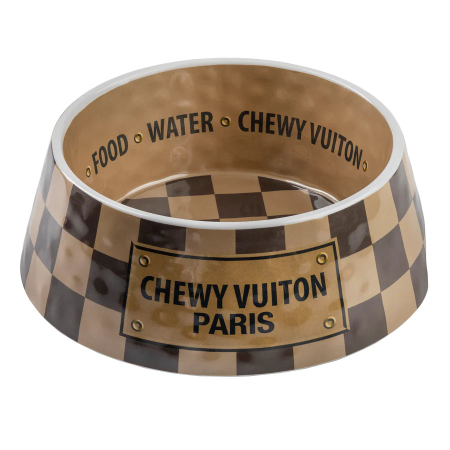Checker Chewy Vuiton Bowl Set – Large (Set of 2) | Luxury Designer Dog Bowls