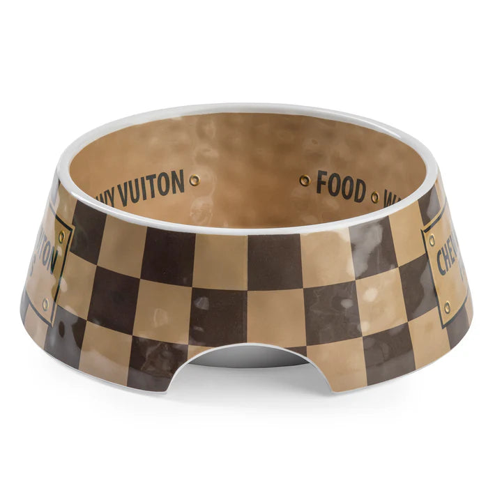 Checker Chewy Vuiton Bowl Set – Large (Set of 2) | Luxury Designer Dog Bowls