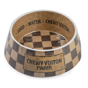 Checker Chewy Vuiton Bowl Set – Large (Set of 2) | Luxury Designer Dog Bowls