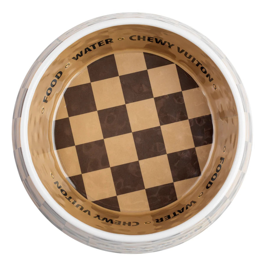 Checker Chewy Vuiton Bowl Set – Large (Set of 2) | Luxury Designer Dog Bowls