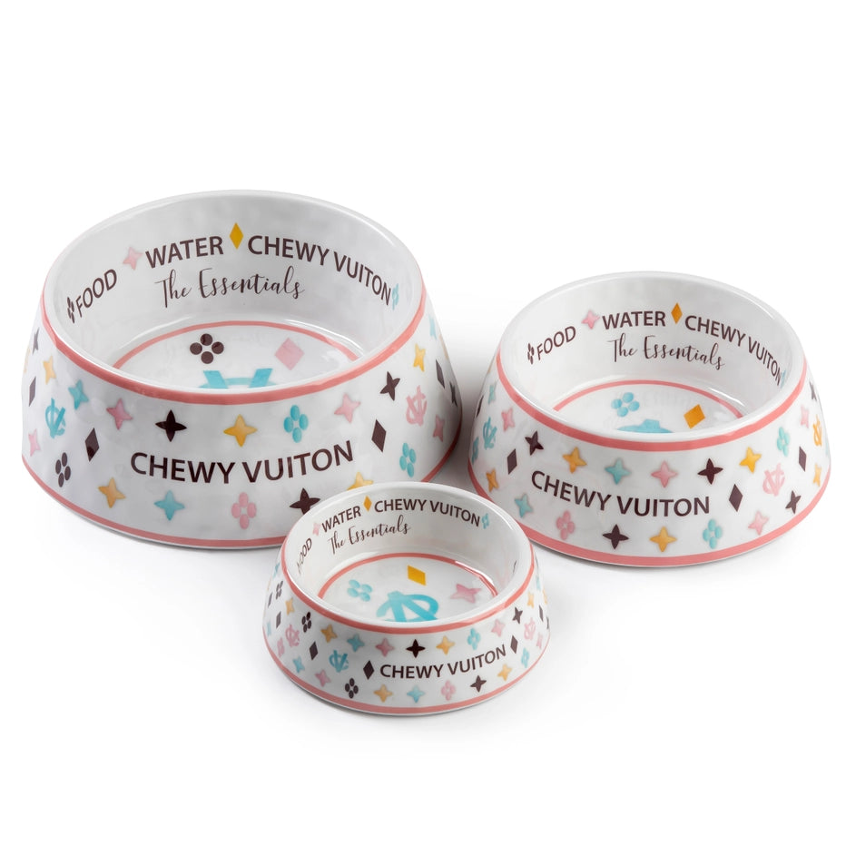 White Chewy Vuiton Bowl Set & Placemat Bundle – Luxury Designer Dog Bowls & Feeding Mat